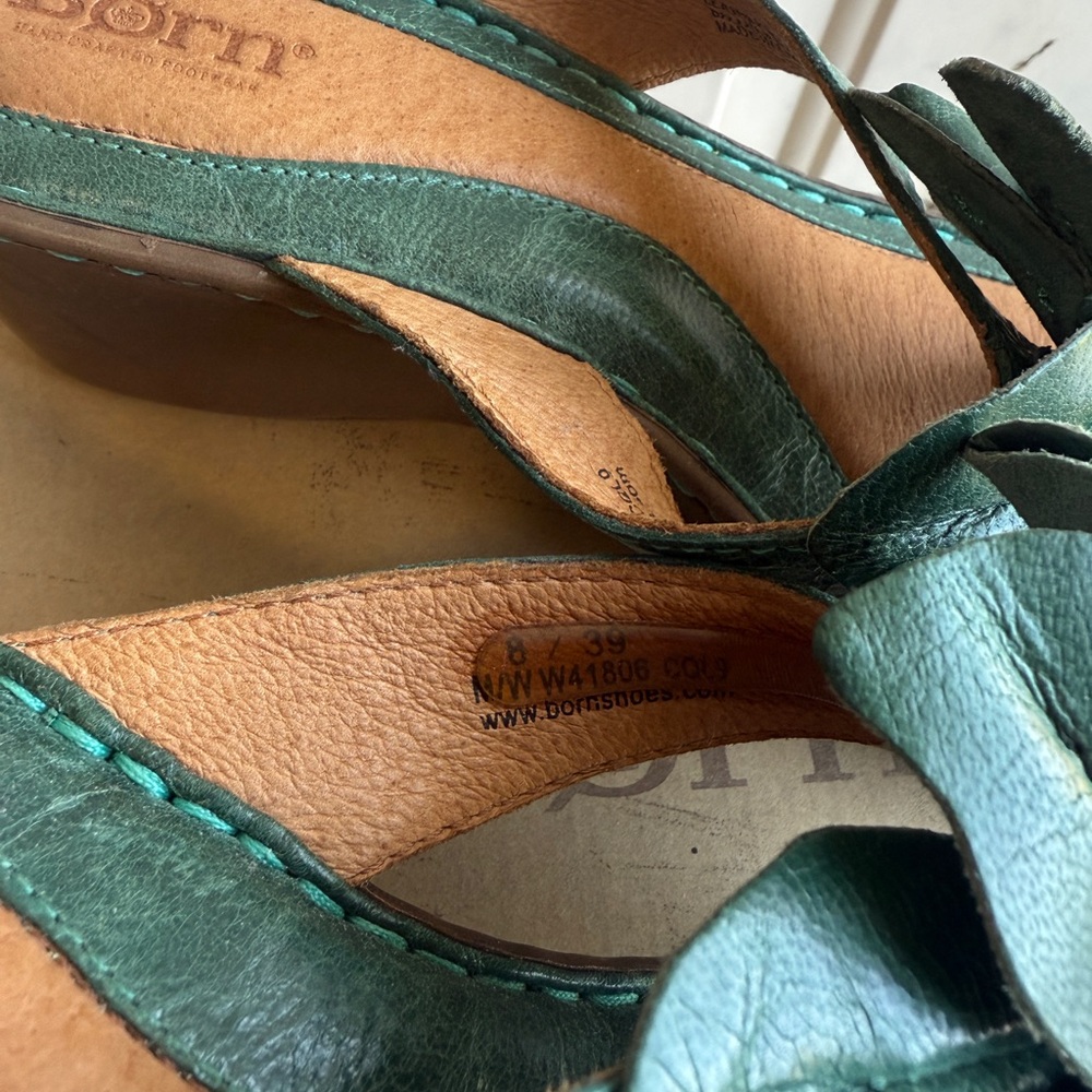 Born Green Leather Wedge Mules with Floral Bow - Picture 8 of 9